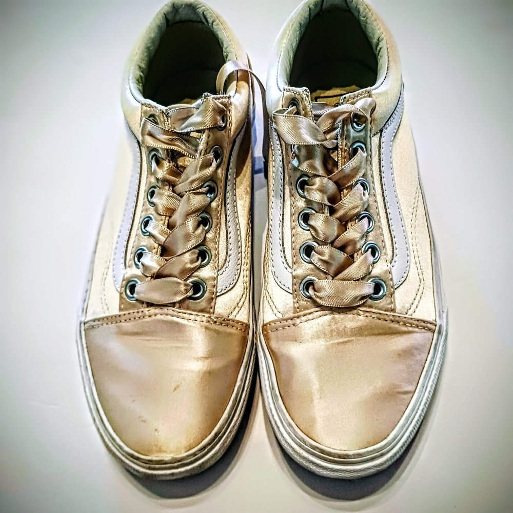VANS Old Skool Satin Lux Metallic Gold Low Top Skate Sneakers Women 6 Men 4.5